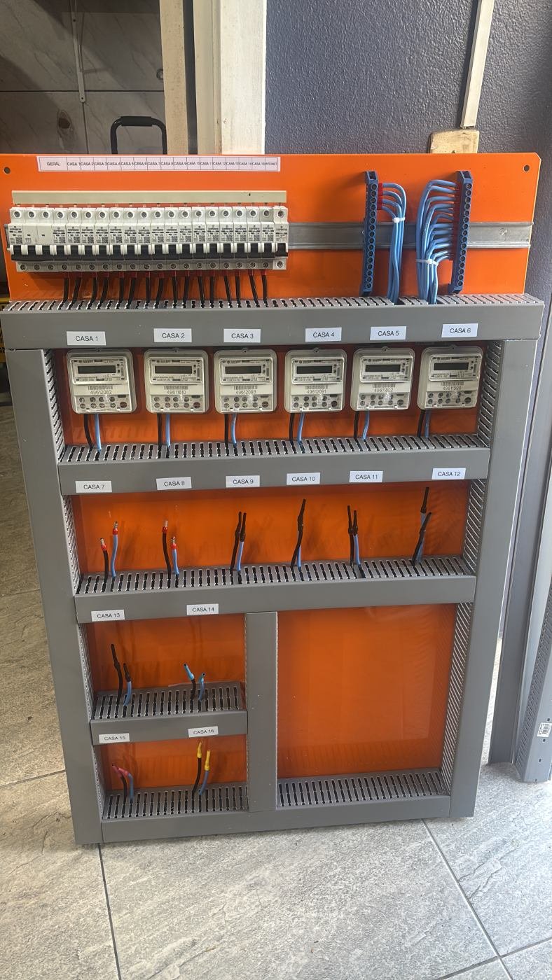 Painel de distribuição com placa laranja e medidores